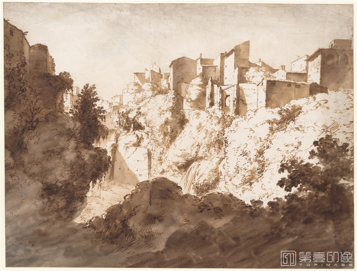 素描-美国纽约大都会美术馆素描藏画-Bartholomeus BreenberghView of an Italian Town-0366